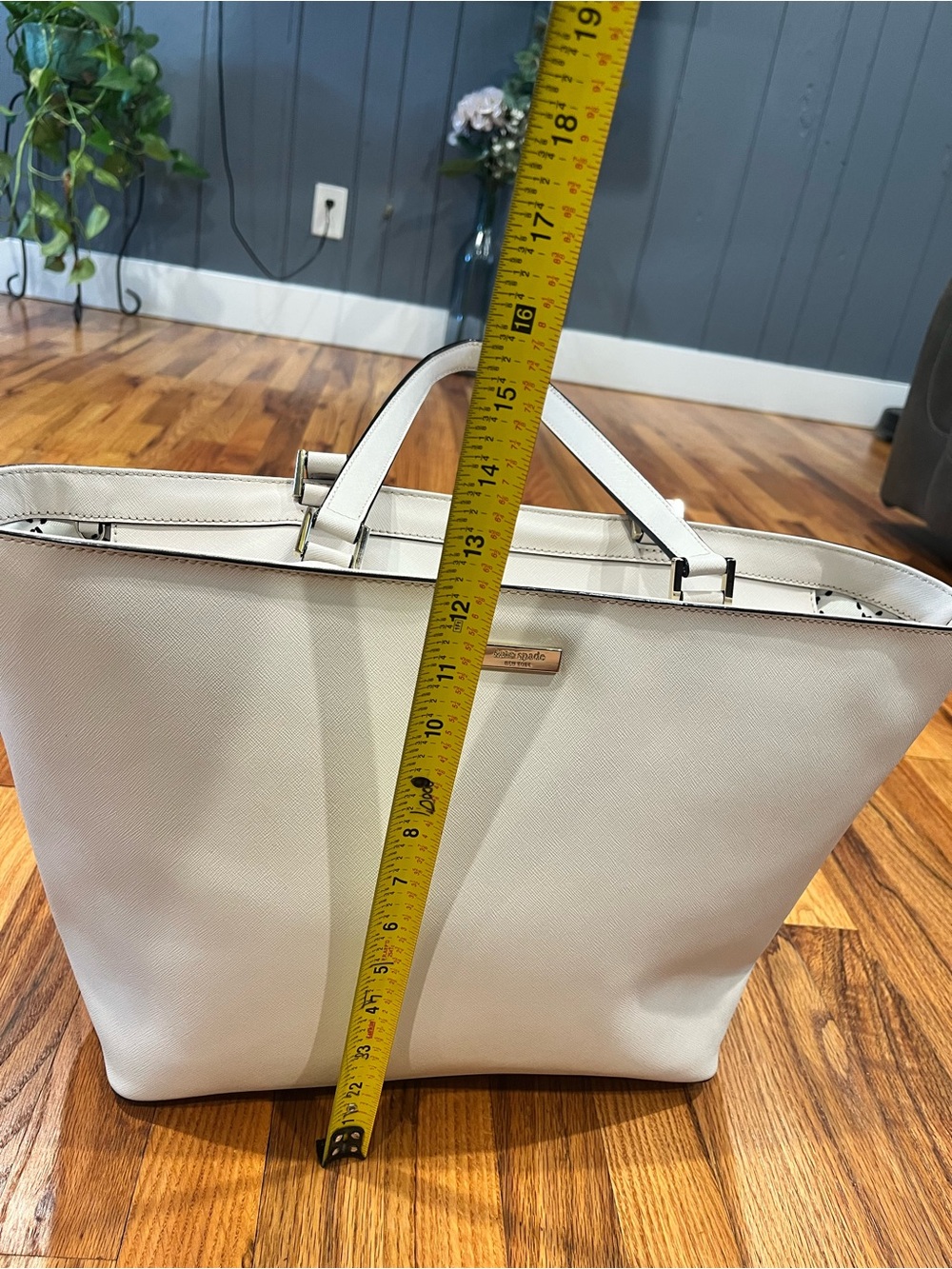 kate spade Cream Structured Saffiano Tote with Gold Plaque - Picture 2 of 13